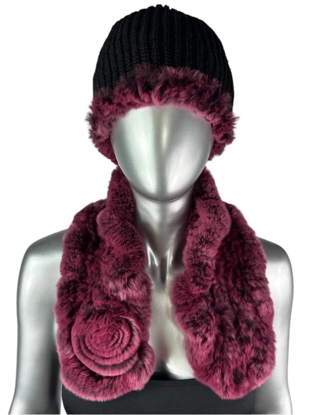 Rose REX RABBIT Hat and Scarf w/Rosettes, One Size 21”-23” w/Stretch, Certified